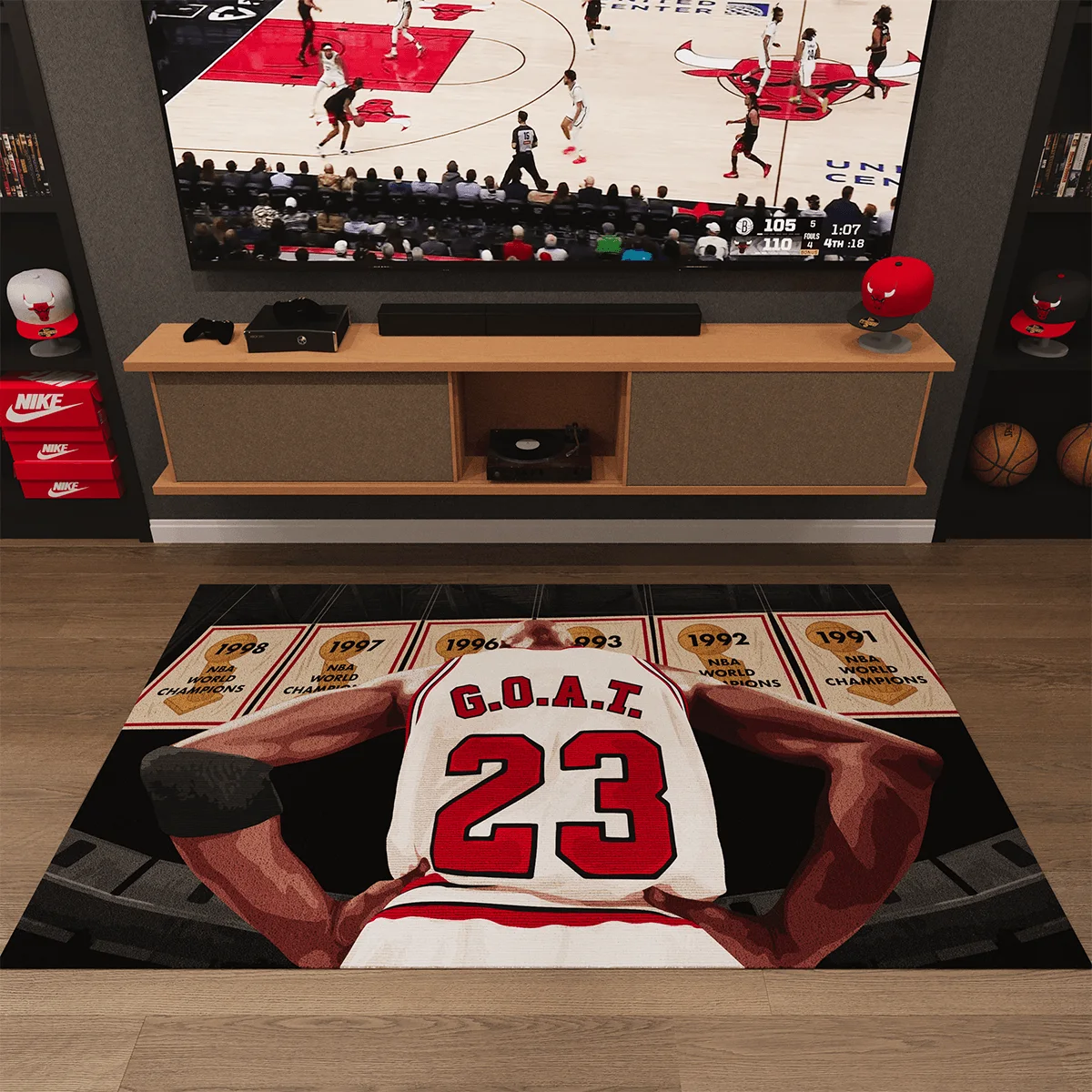 G.O.A.T. rug in a game room